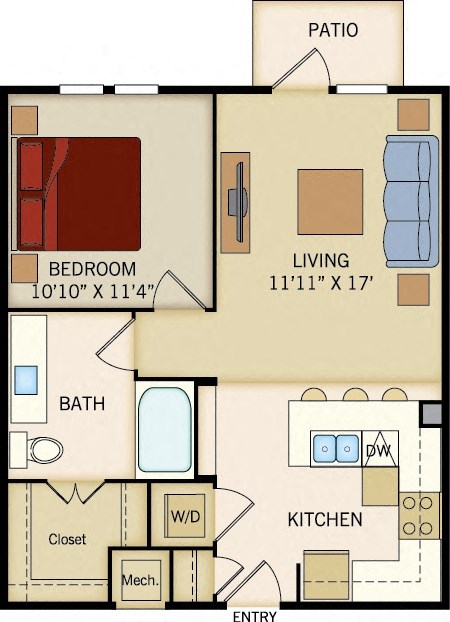 1 BD 1 Bath floorplan 672 sqft